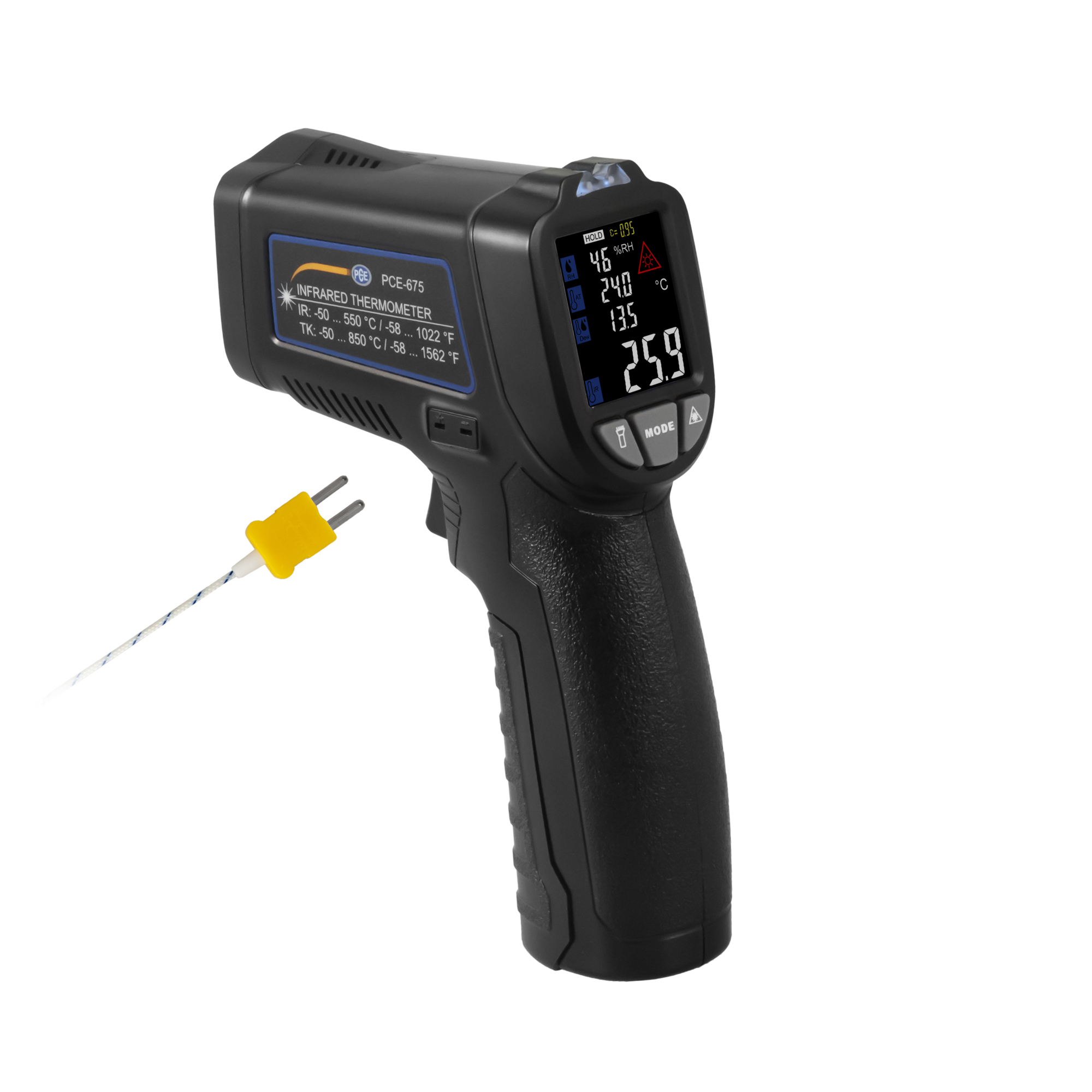 PCE Multi-Function Infrared Thermometer — 13:1 Spot Ratio, Measures Temperature and Humidity, Model# PCE-675